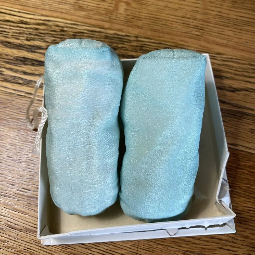 Vintage Hand Made Baby Booties Floral Embroidered Blue/Green Lace Up